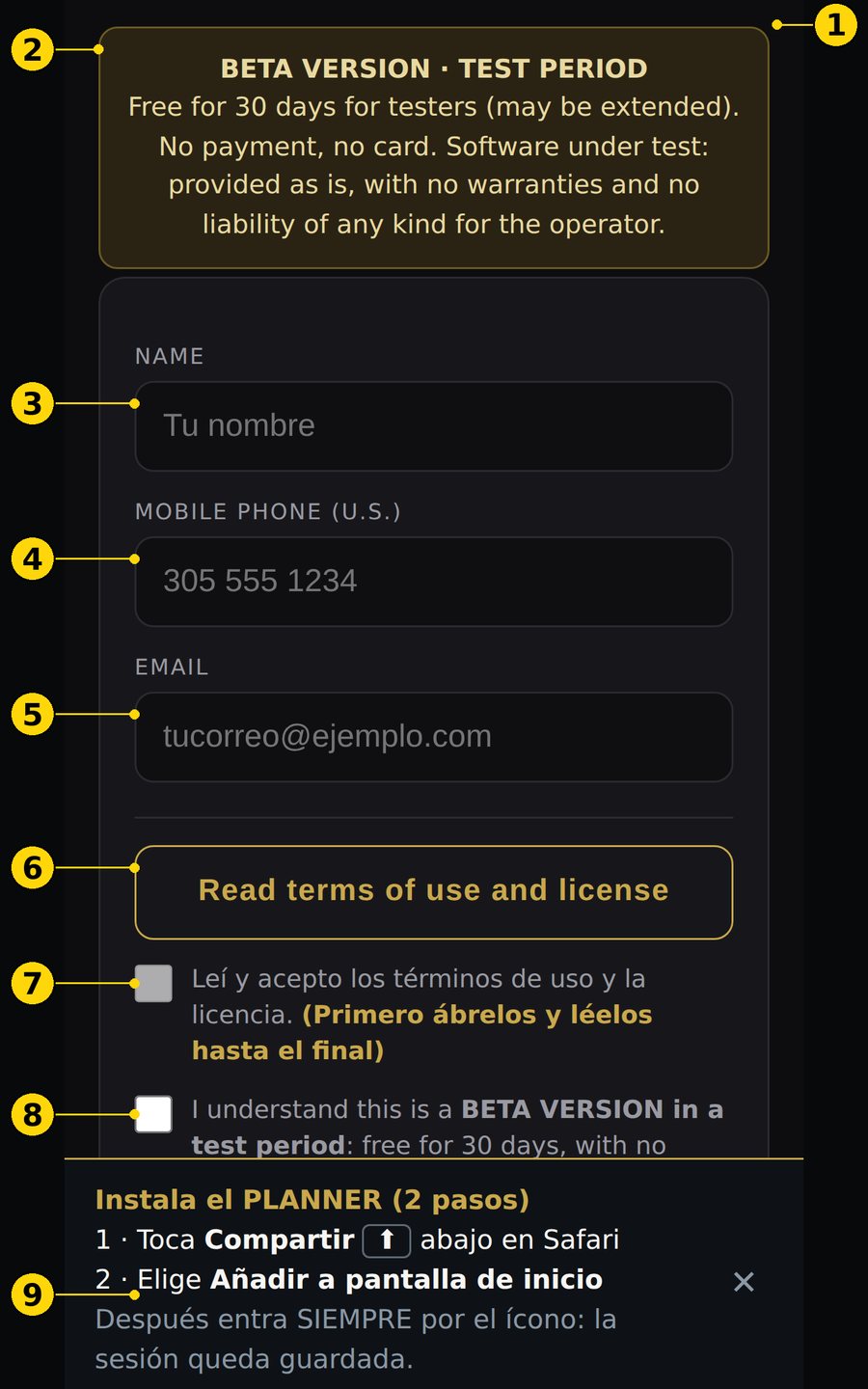 Sign-in screen with numbered fields and checkboxes