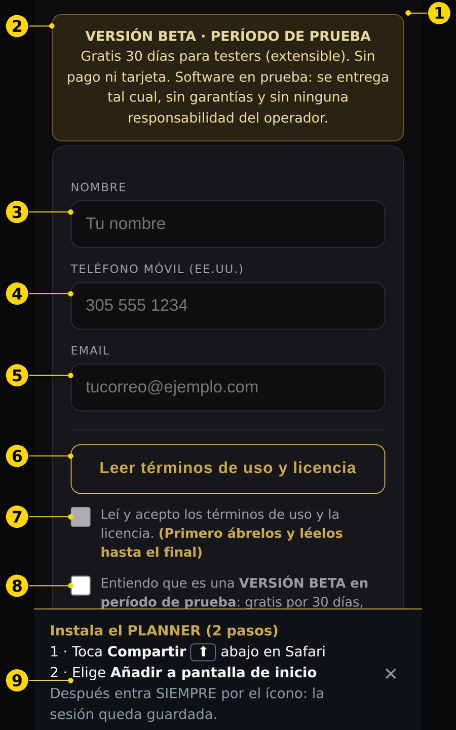 Pantalla de acceso con los campos y las casillas numeradas