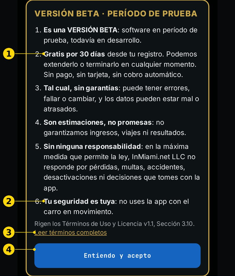 Aviso de versión beta con sus puntos numerados
