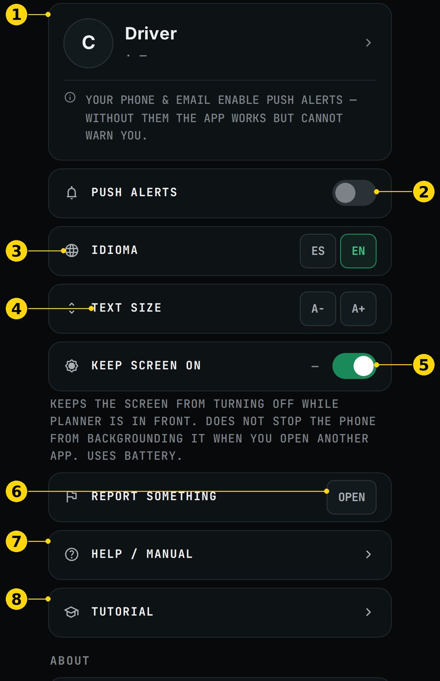 Main settings, numbered