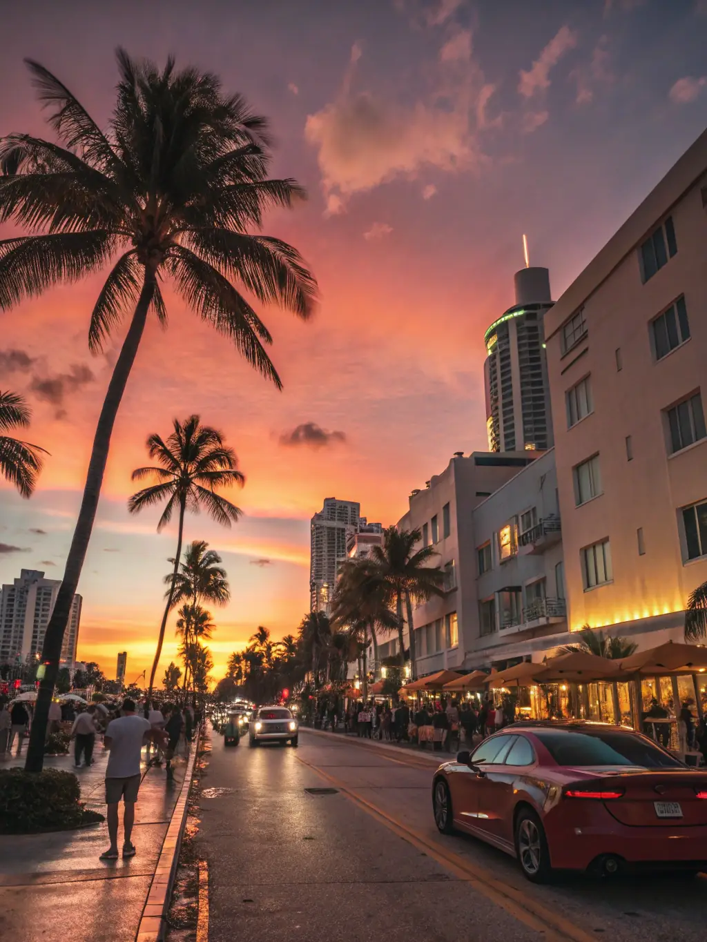 An image of a well-lit and populated area of South Beach at night, emphasizing safety and the vibrant nightlife scene.