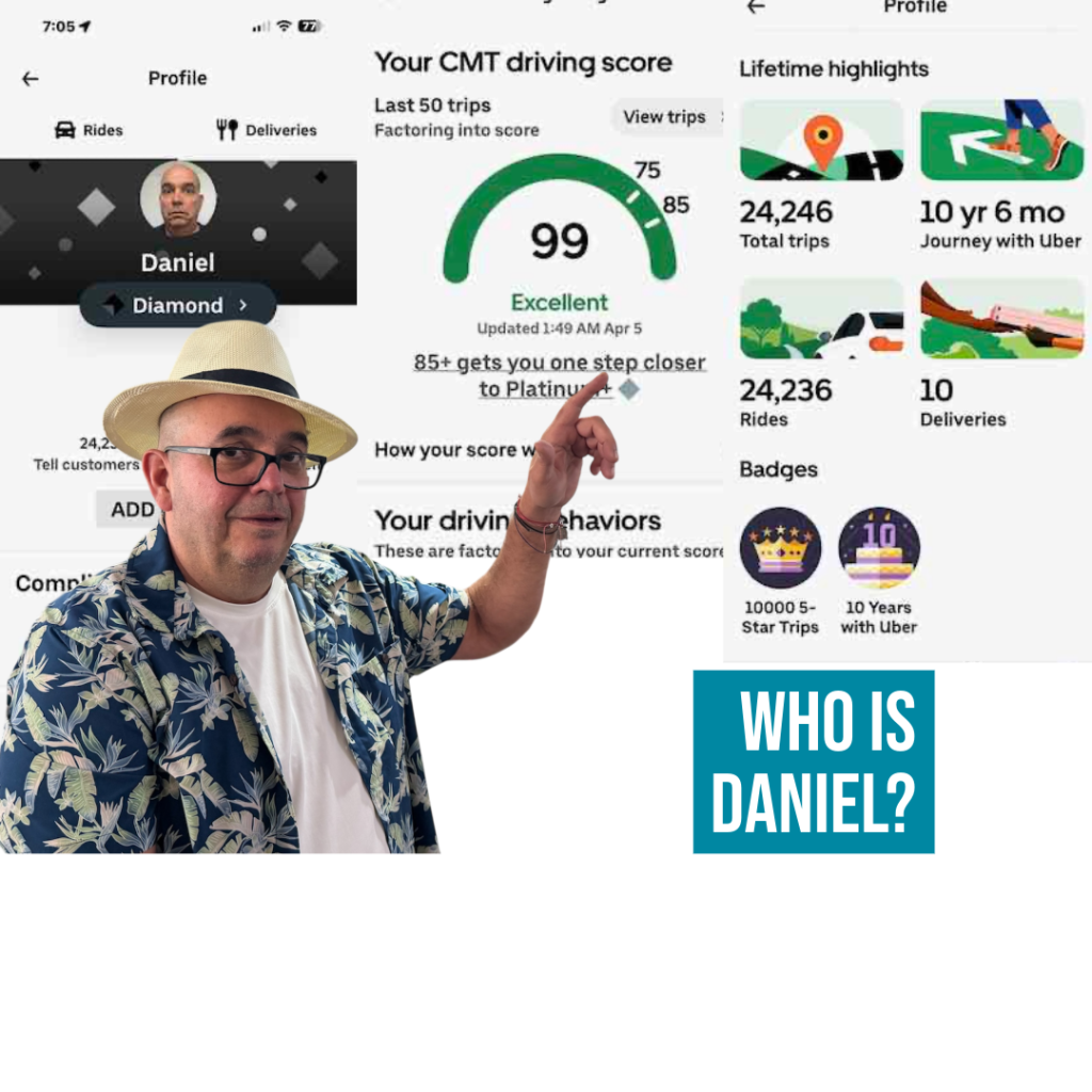 Daniel pointing at his Uber driving score of 99, alongside stats showing more than 24,000 trips completed and 10 years driving in Miami.