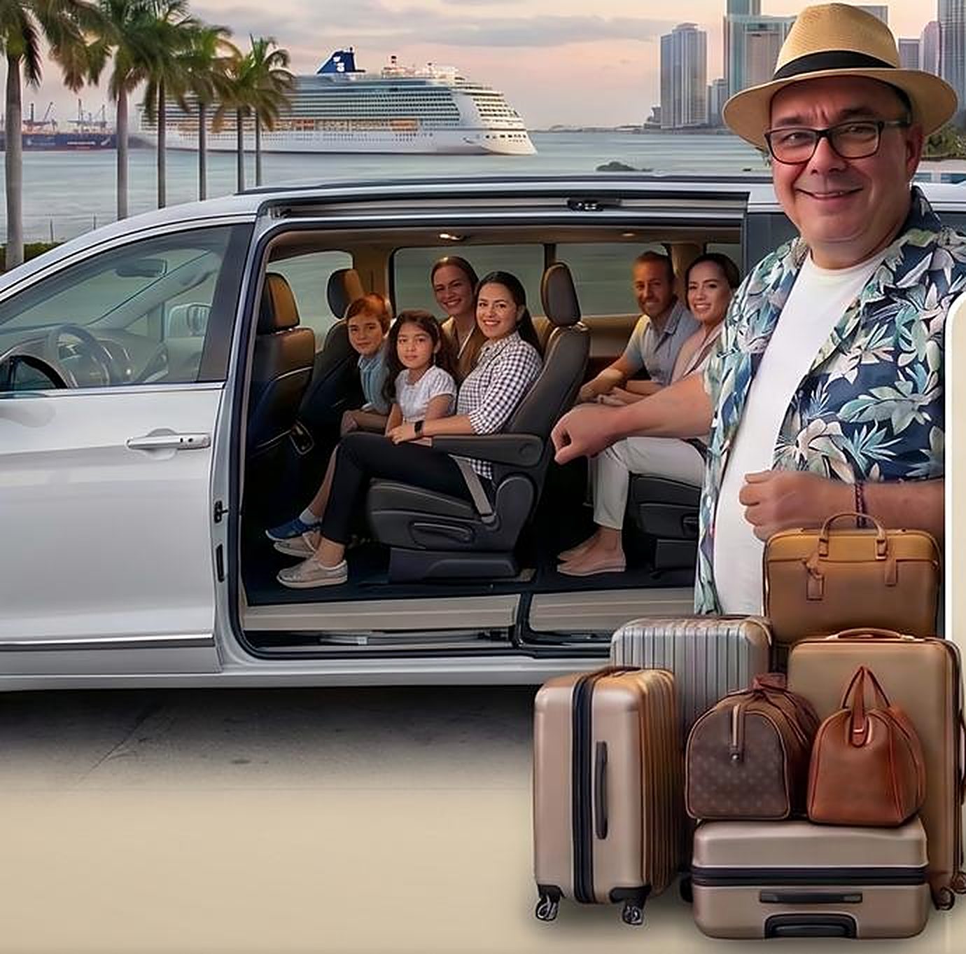 Family of cruise passengers in a private minivan with their luggage, Miami Layover with Daniel